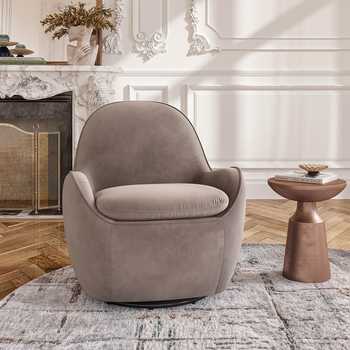 Fauteuil droit velours BOCA gris, taupe, HABITAT