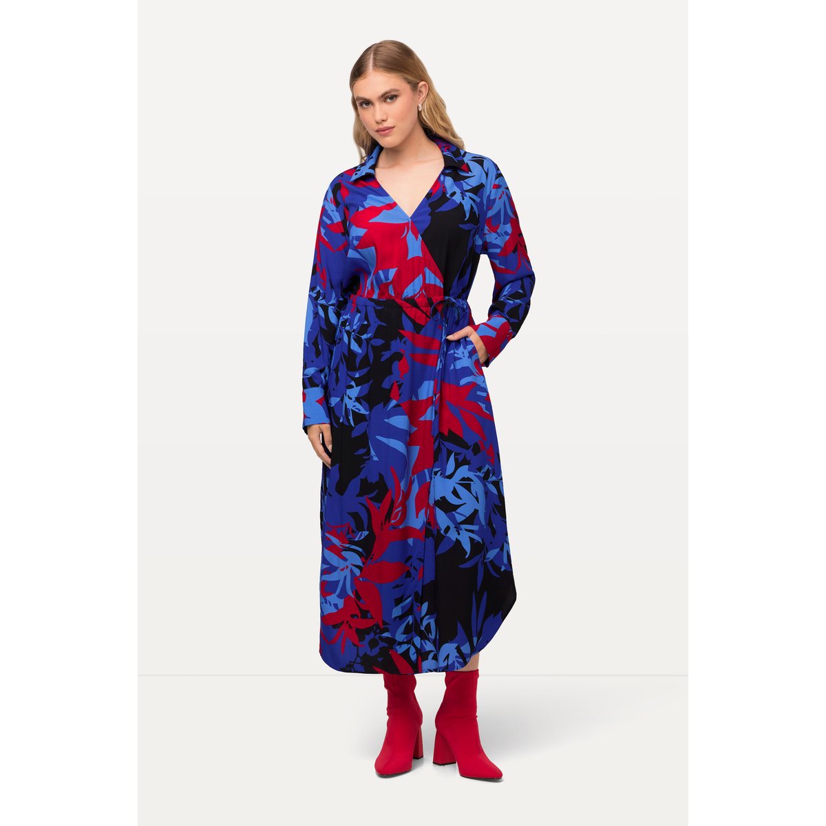 Robe midi à manches longues et col en V. titan bleu, ULLA POPKEN