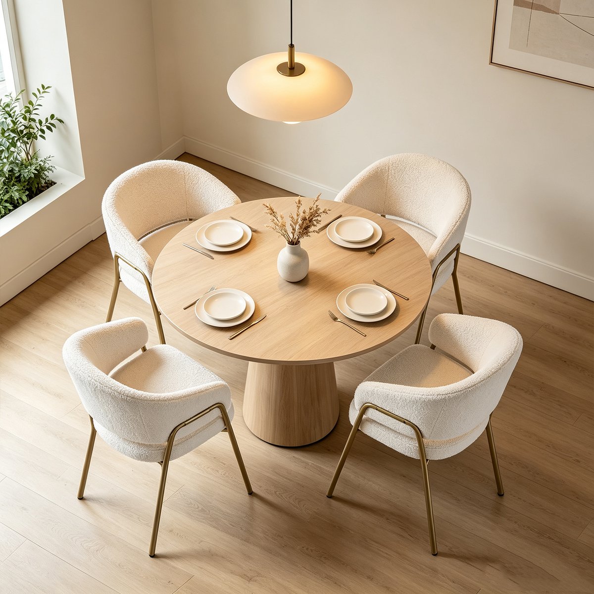 Lot de 4 fauteuils de salle à manger modernes en tissu bouclette, JERRIES blanc, MEUBLES COSY