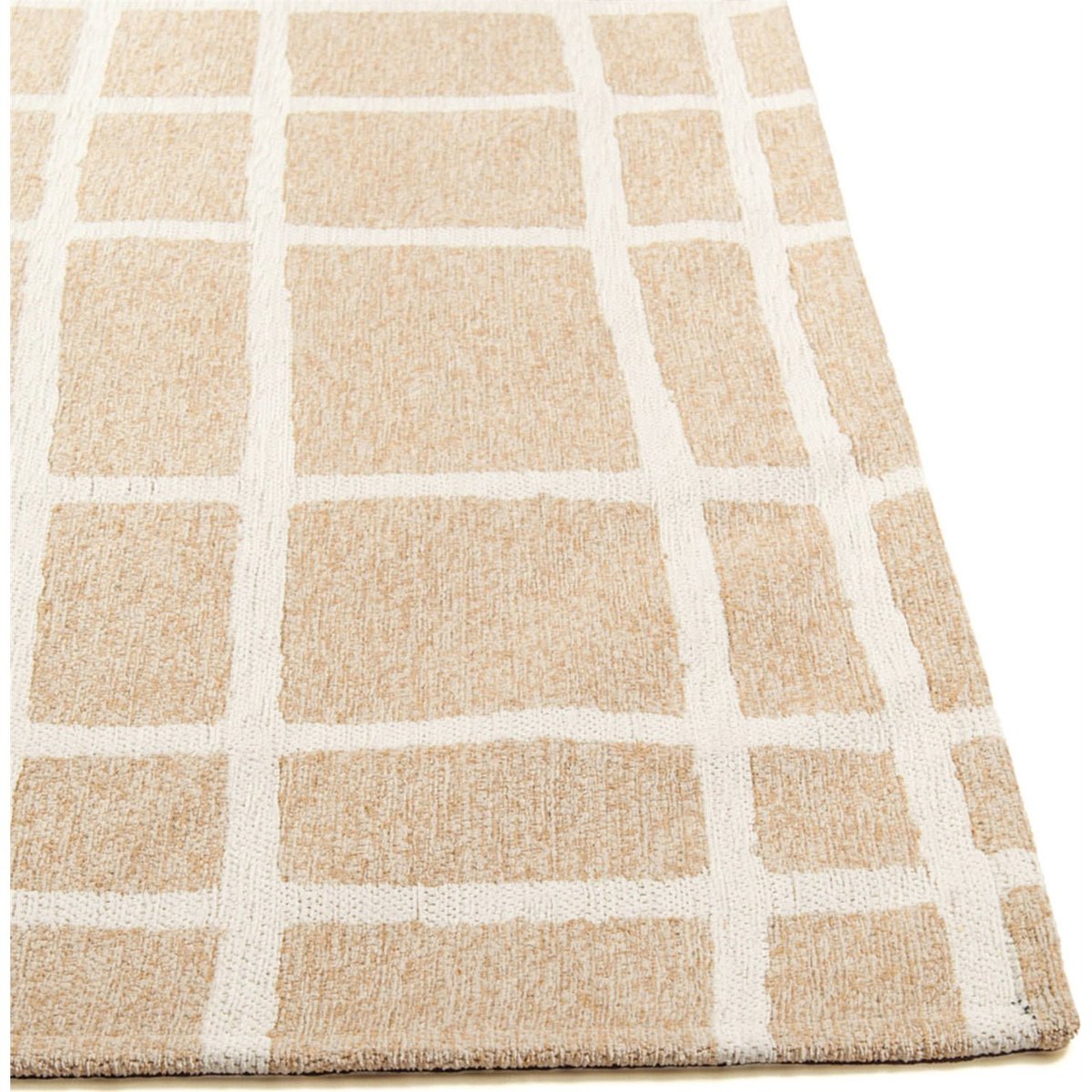 Tapis intérieur extérieur jacquard, CARO beige sable à lignes écru, RECOLLECTION