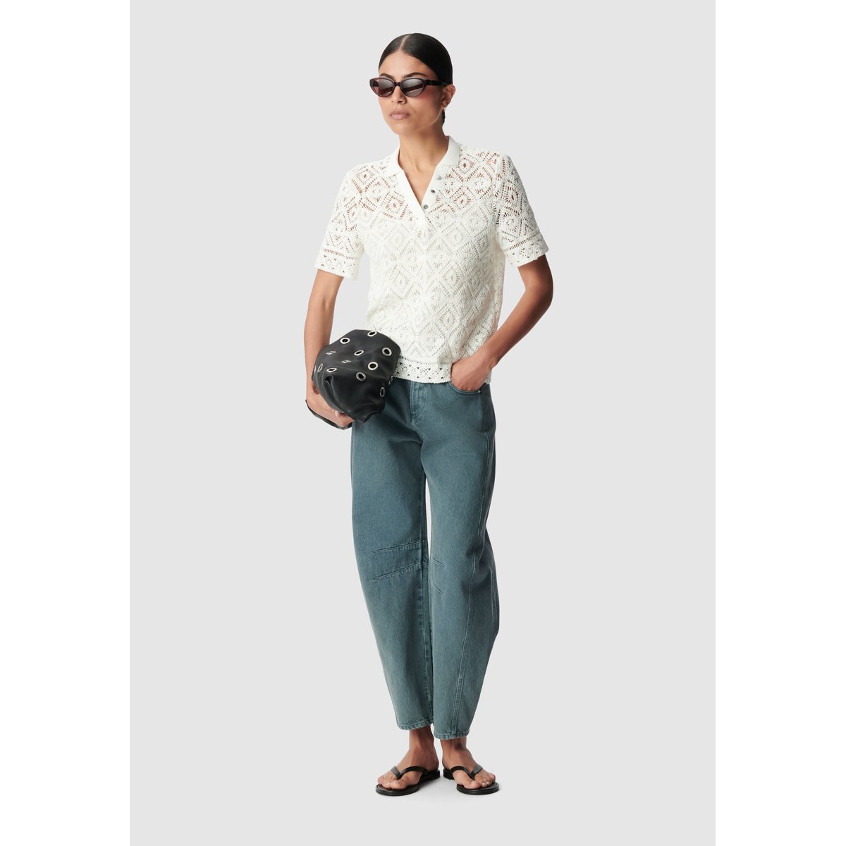 Top tricot crochet col polo ecru, IKKS