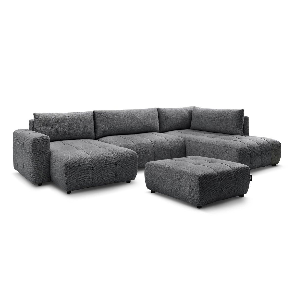 Canapé panoramique convertible 6 places en tissu chiné avec pouf, ARSENE gris foncé, BOBOCHIC