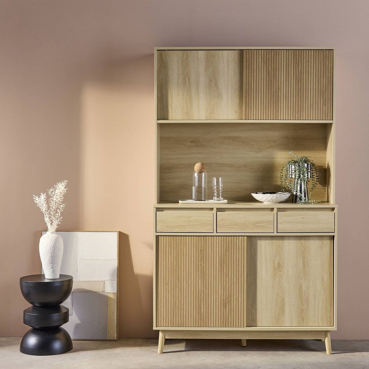 Buffet décor bois 4 portes 3 tiroirs 110 cm LINEAR naturel, SWEEEK