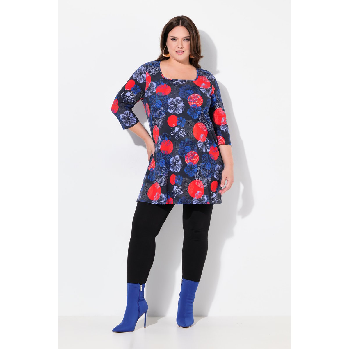 T-shirt long, décolleté carré et manches 3/4 noir, ULLA POPKEN