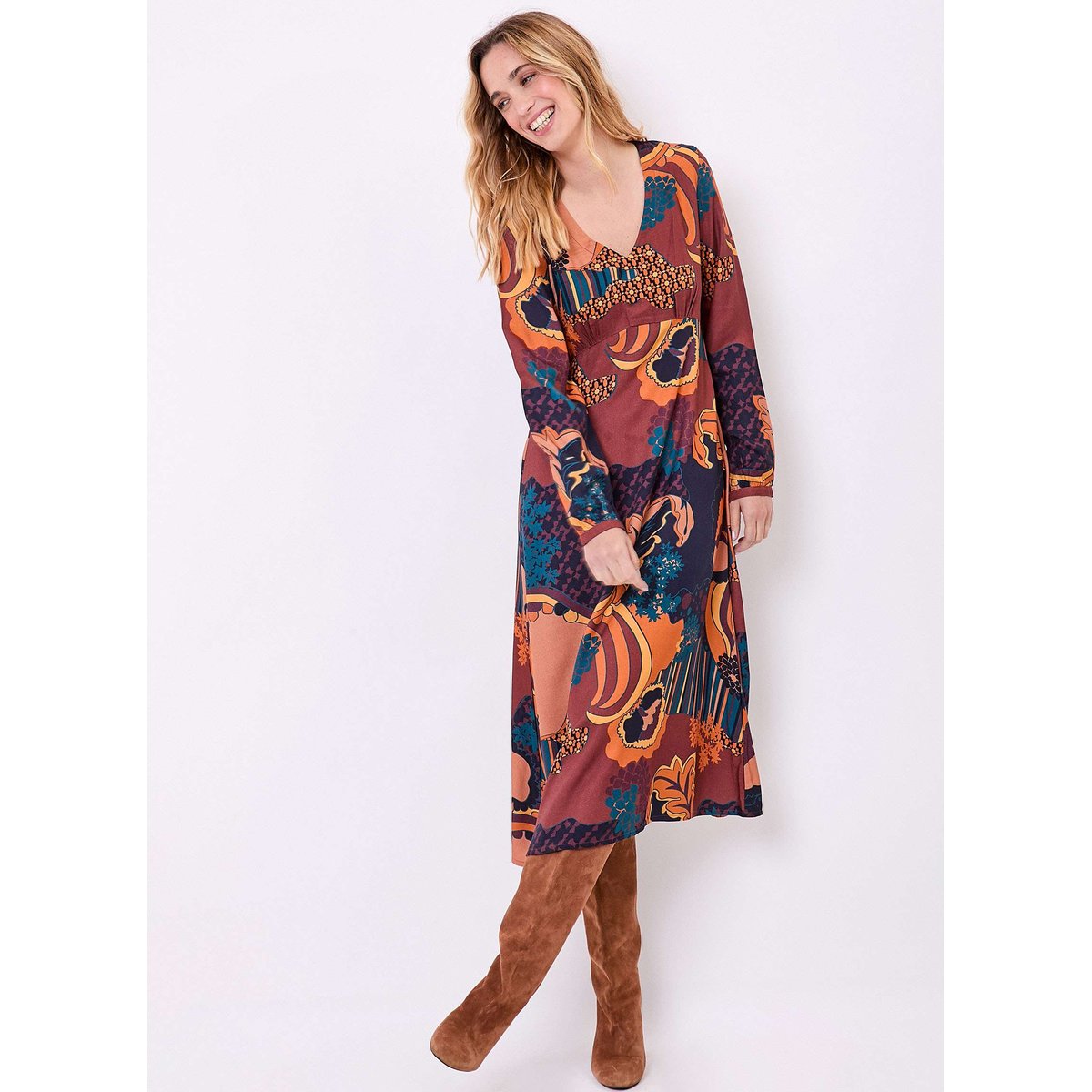 Robe midi fluide imprimée col V LAMANA marron bleu marine preeti, LA FIANCÉE