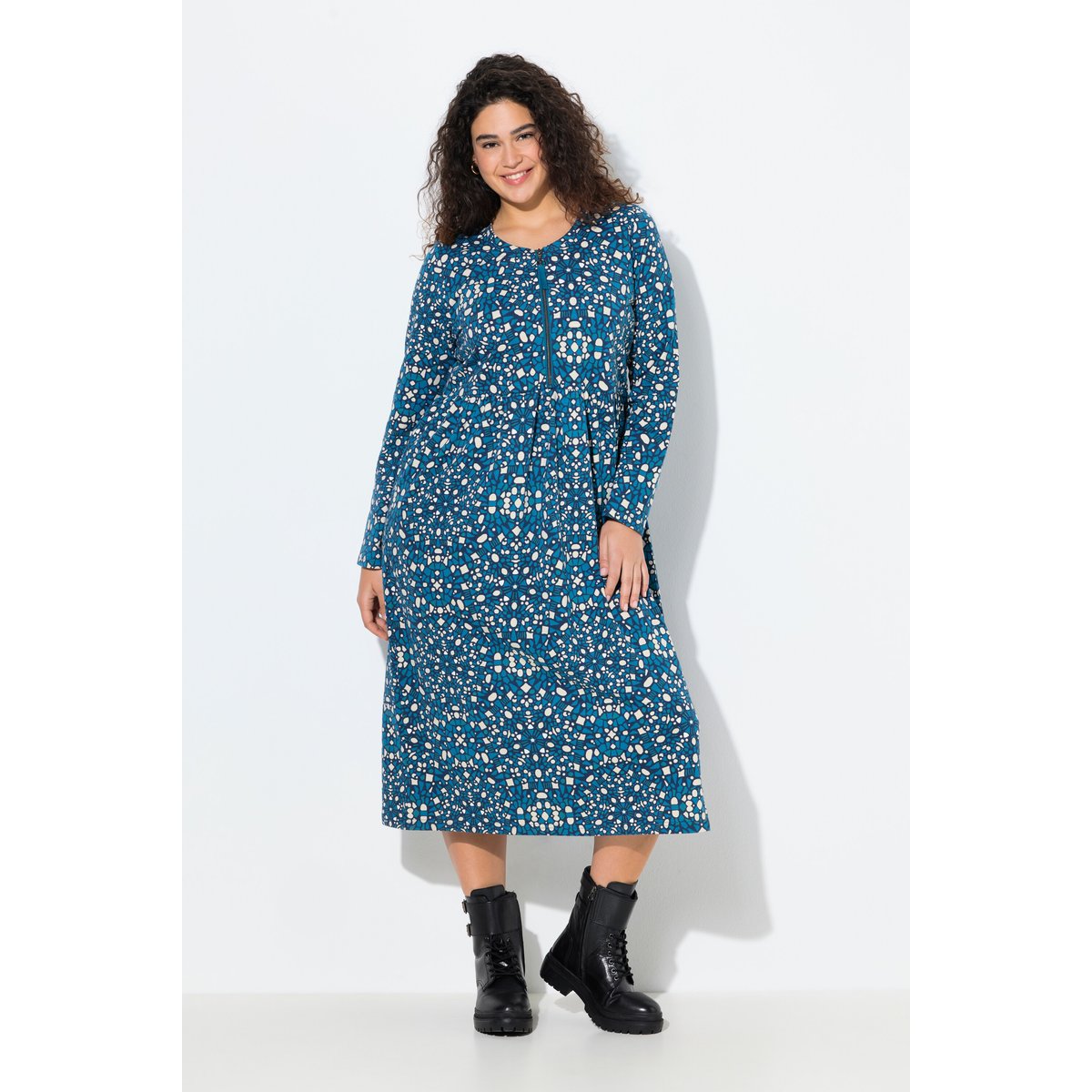 Robe midi en molleton avec fermeture zippée pétrol, ULLA POPKEN