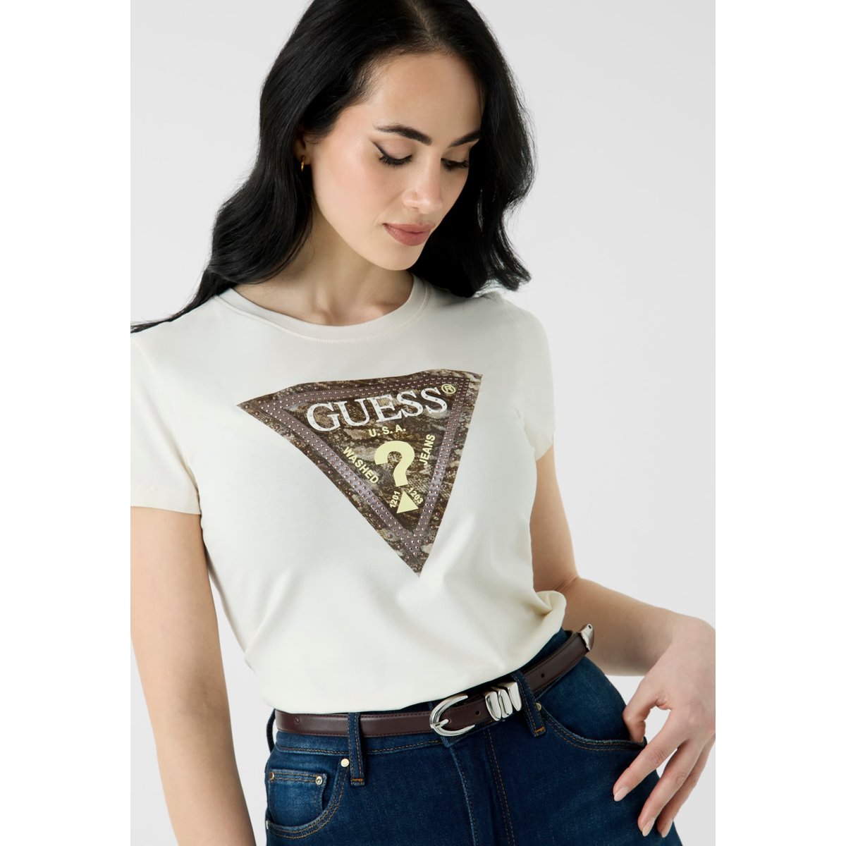T-Shirt Avec Logo Imprimé crème, GUESS
