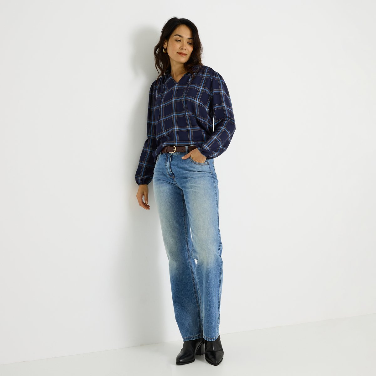 Blouse imprimé carreaux bleu marine, GRAIN DE MALICE