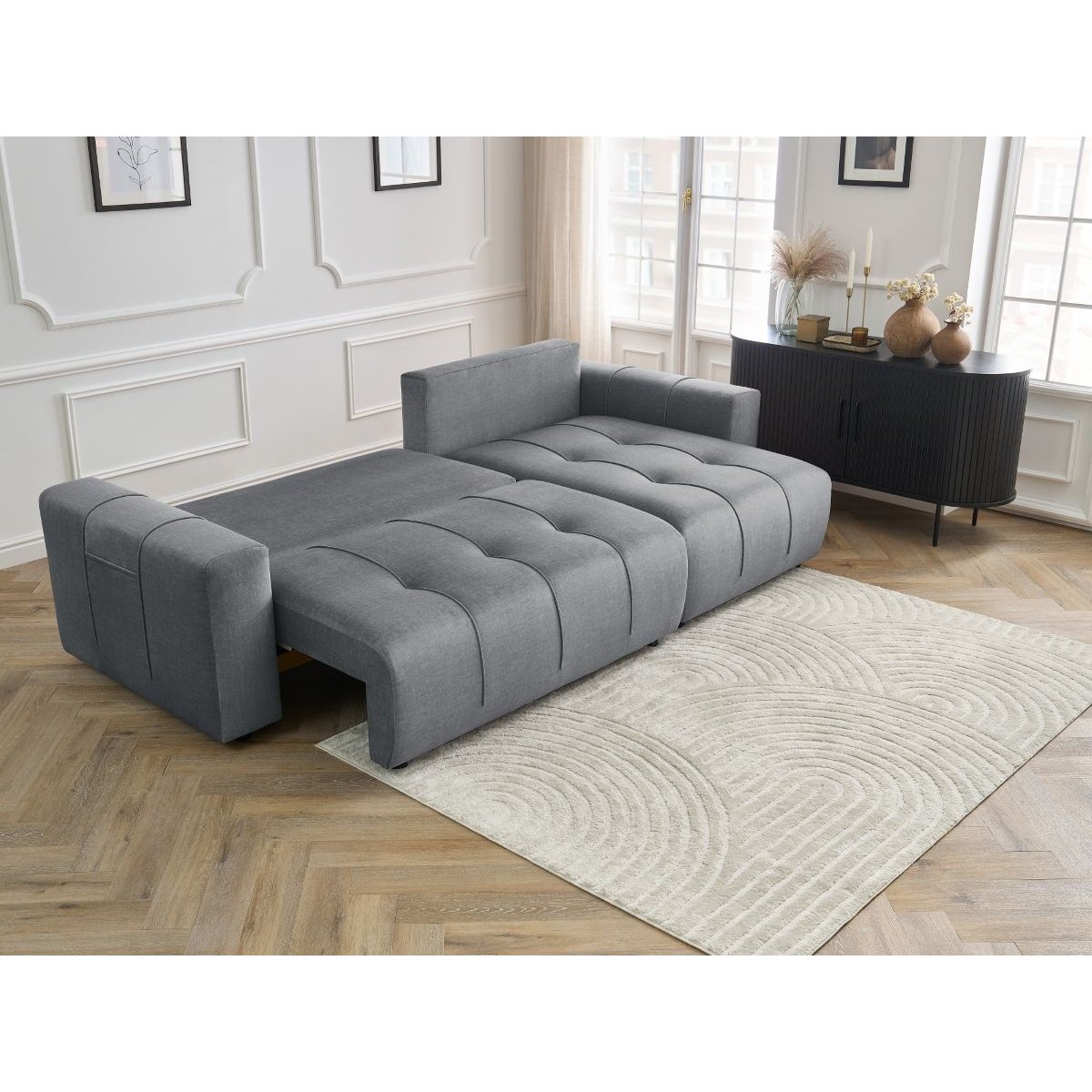 Canapé d'angle convertible 3 places en velours, ARSENE gris foncé, BOBOCHIC