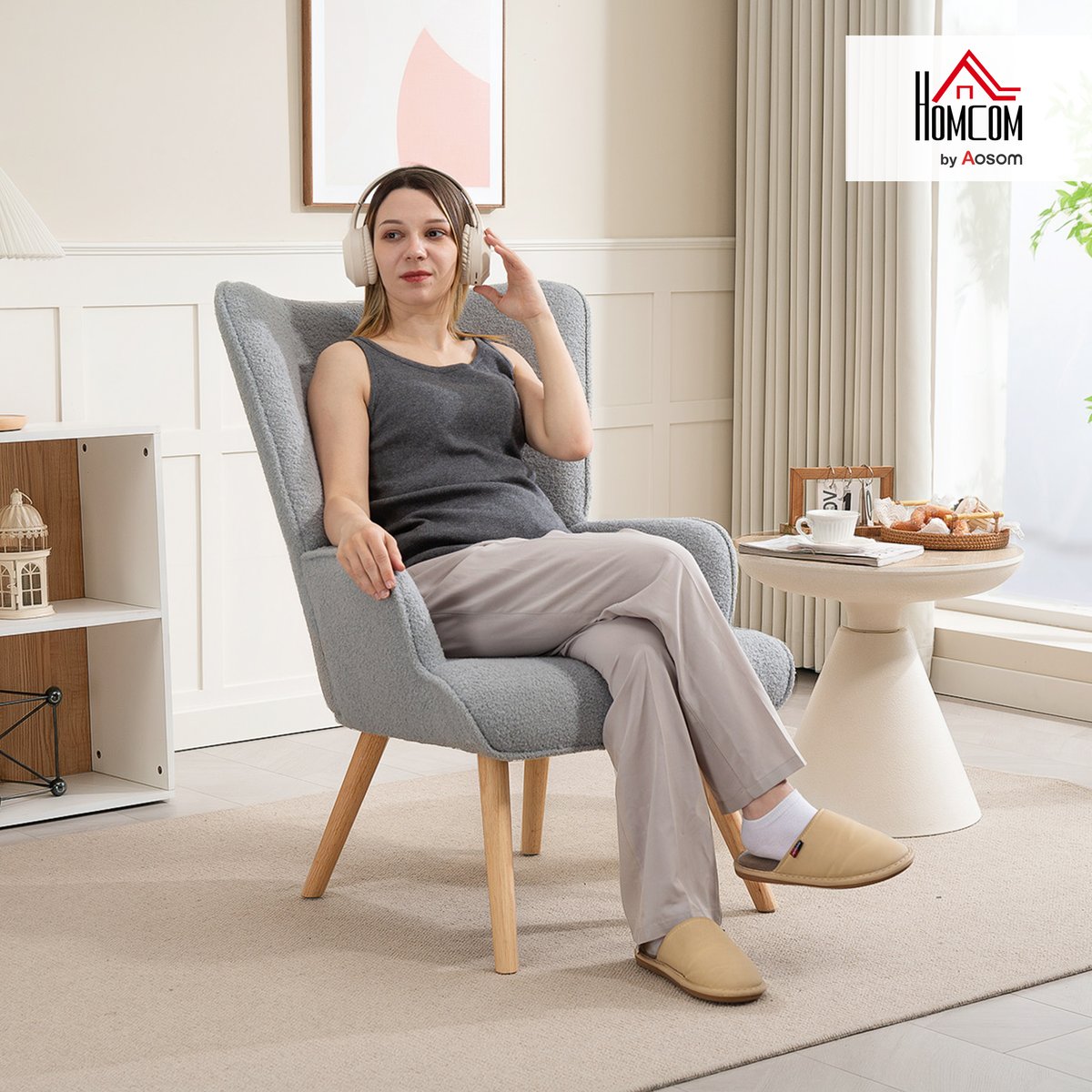 Accent Chair Tissu bouclette (100% polyester) gris, HOMCOM