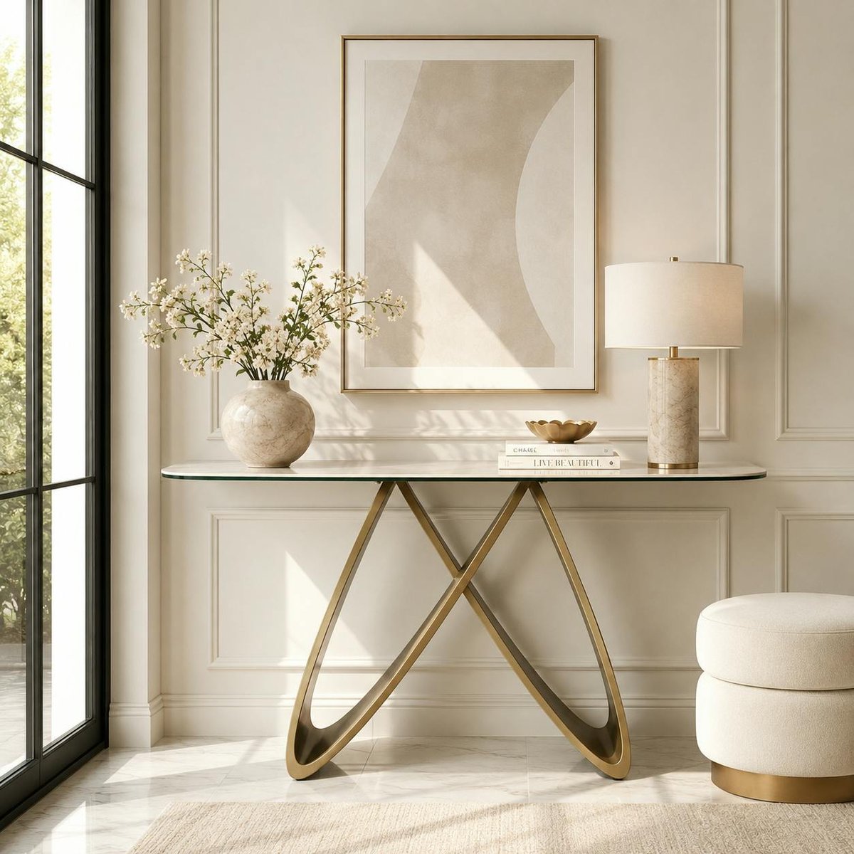 Console d'entrée céramique brillante et pied graphique SYRA beige, PIER IMPORT