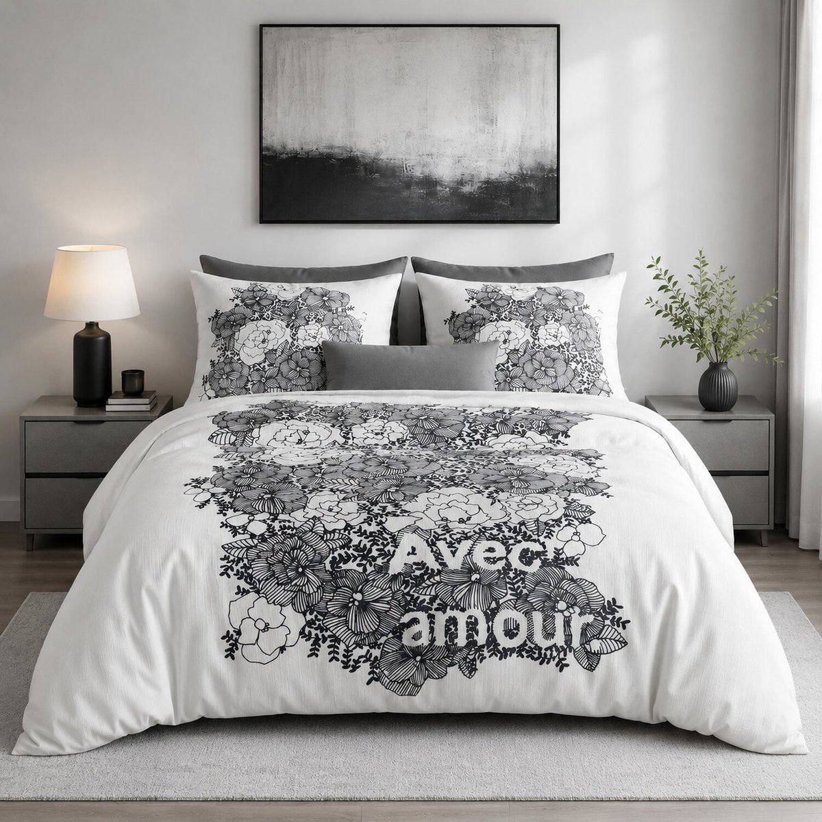 Parure housse de couette en coton imprimée, Avec amour gris foncé, C DESIGN HOME TEXTILE