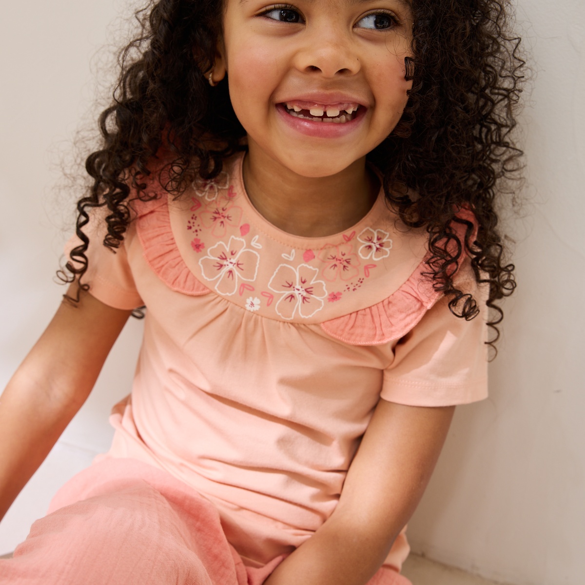 Ensemble enfant t-shirt et pantalon en gaze de coton Santa Giulia corail, PETIT BEGUIN
