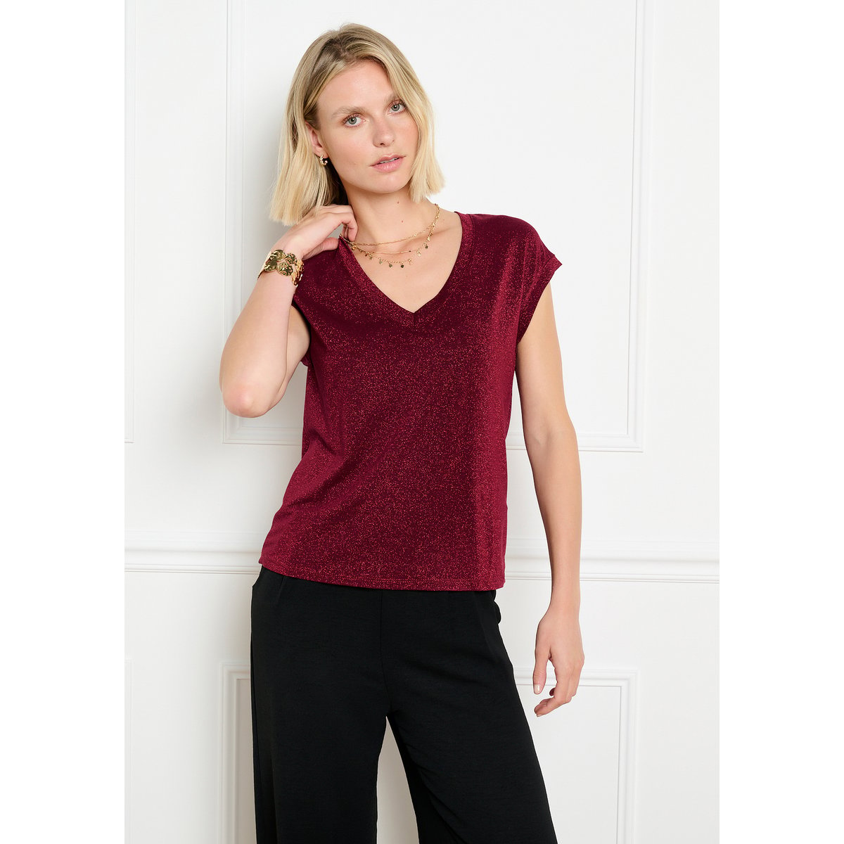 T-shirt fil textile col v bordeaux wine, LOLALIZA