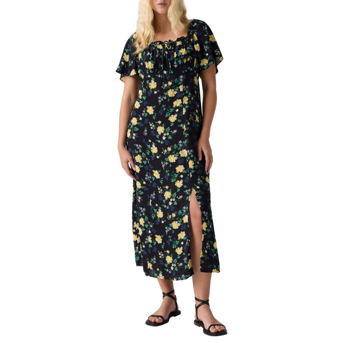 Robe longue noire à motif floral avec une coupe droite et des manches courtes noir, LEVI'S