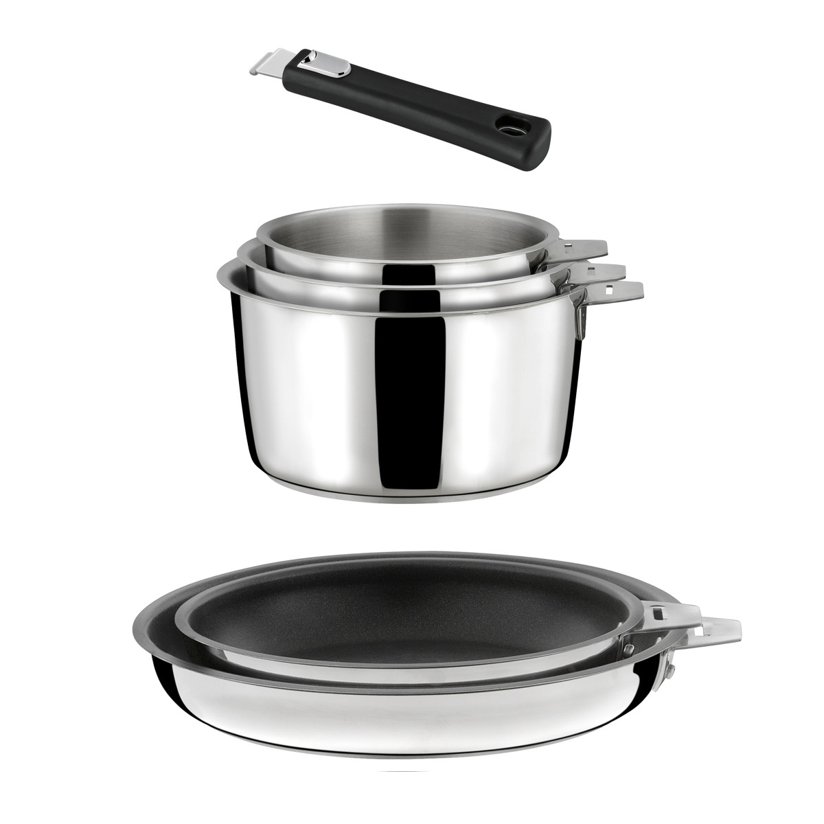Lot 6 pièces - 3 casseroles, 2 poêles revêtement céramique et 1 poignée noire - MALICE inox, CUISINOX