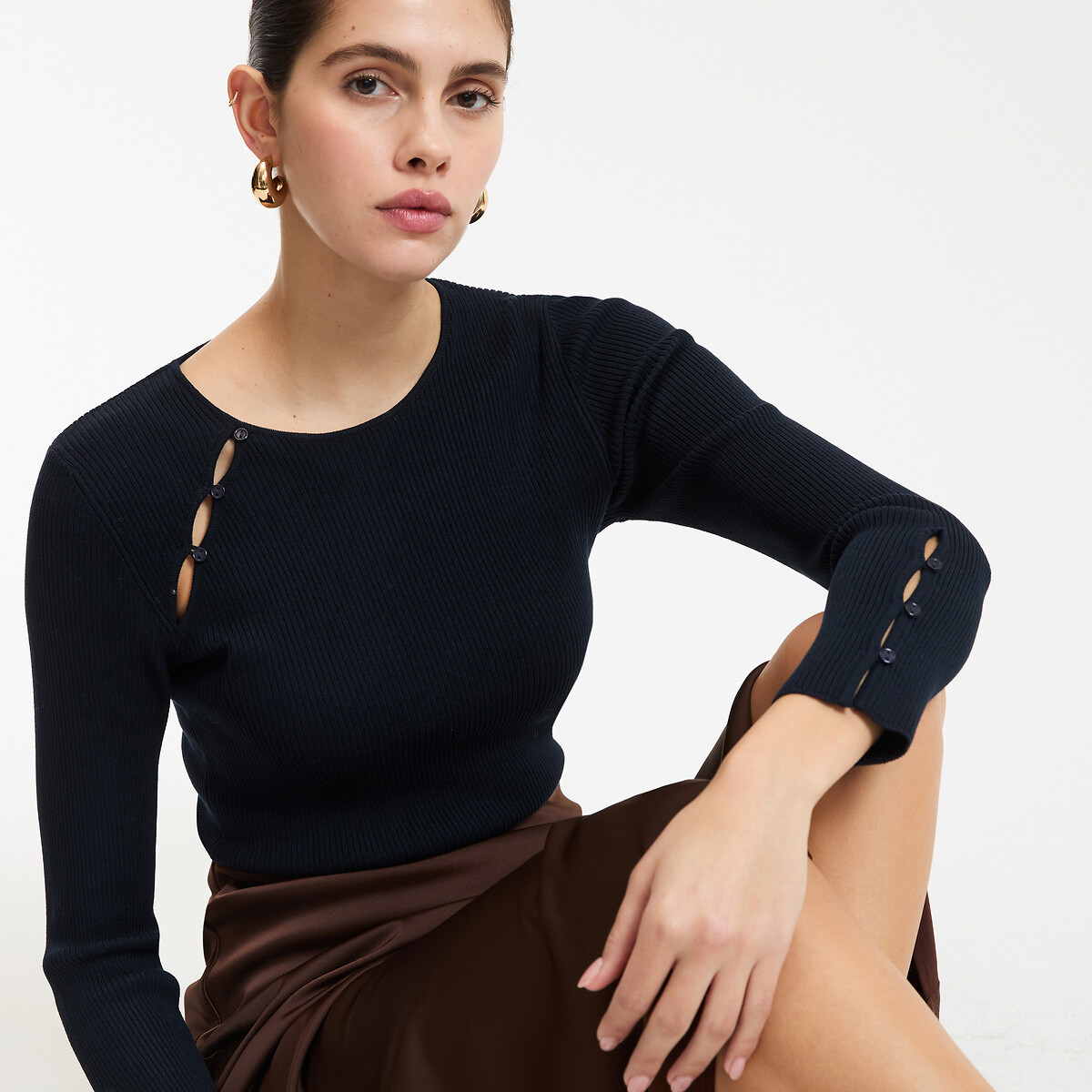 Pull col rond, manches longues, en fine maille côtelée bleu marine, LA REDOUTE COLLECTIONS