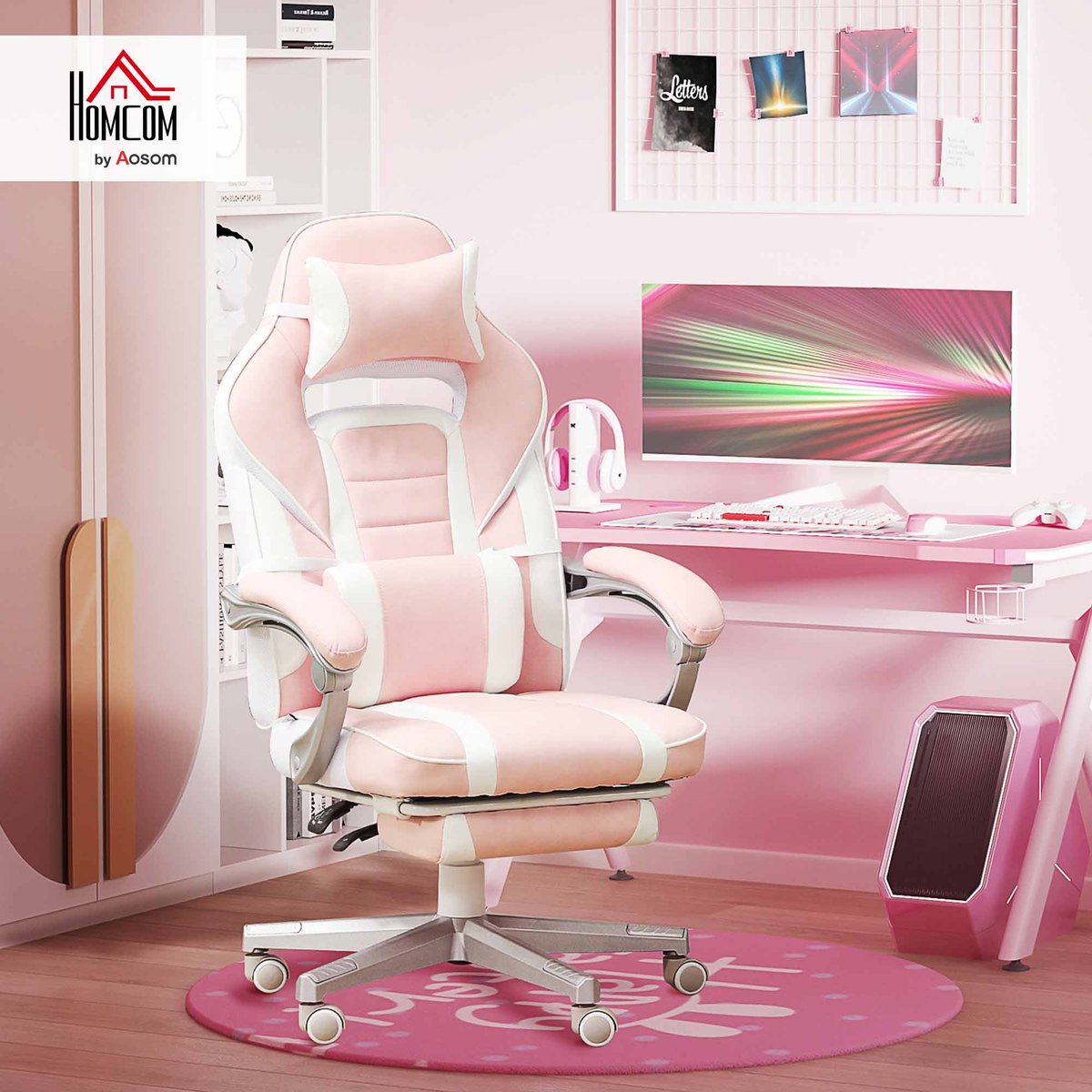 Fauteuil gaming Polyuréthane Rose rose, blanc, HOMCOM