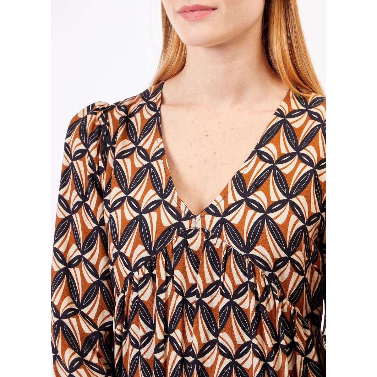 Robe évasée imprimée rétro ITA beige camel, PRINCESSE NOMADE