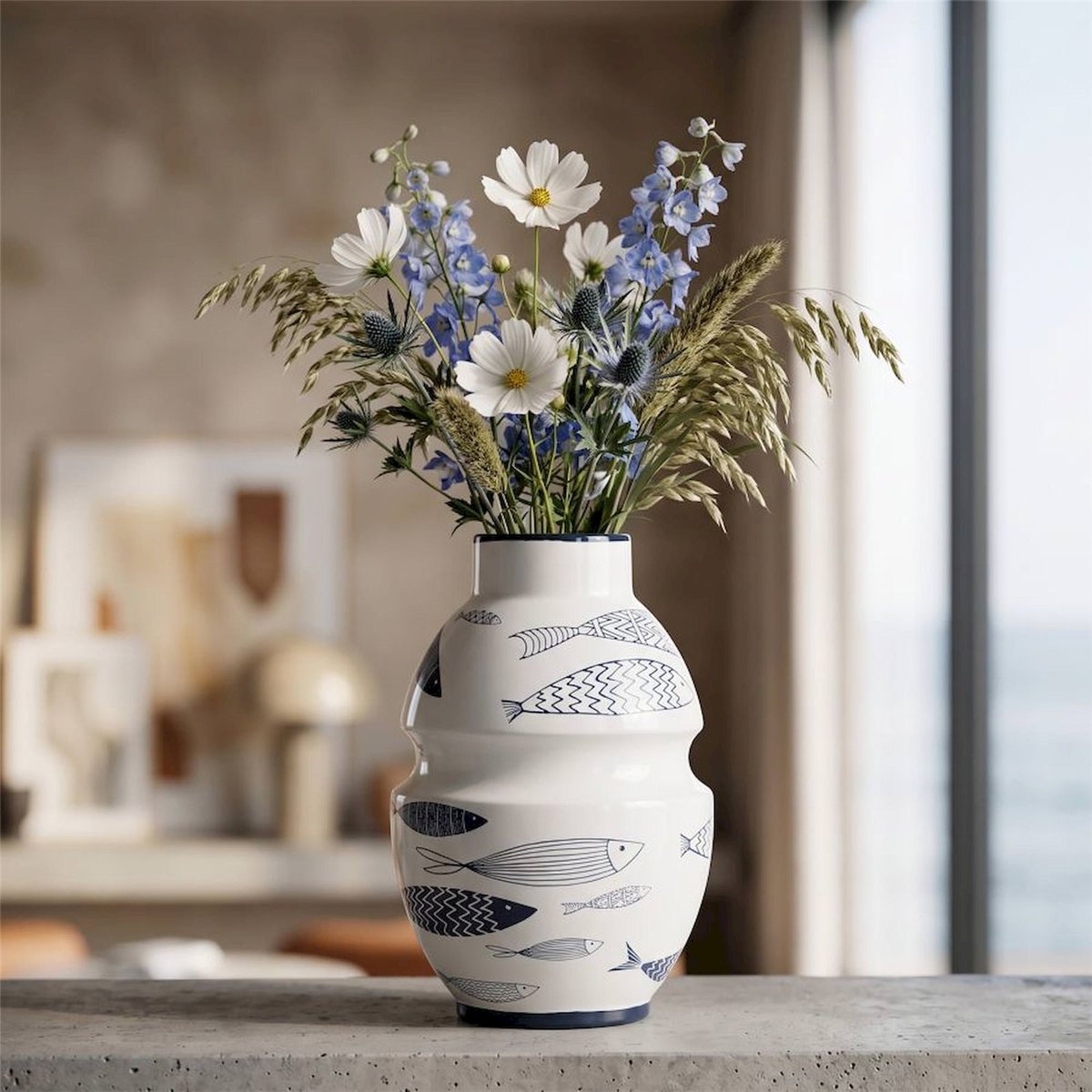 Vase en céramique décor poisson MODERN blanc et bleu, RECOLLECTION