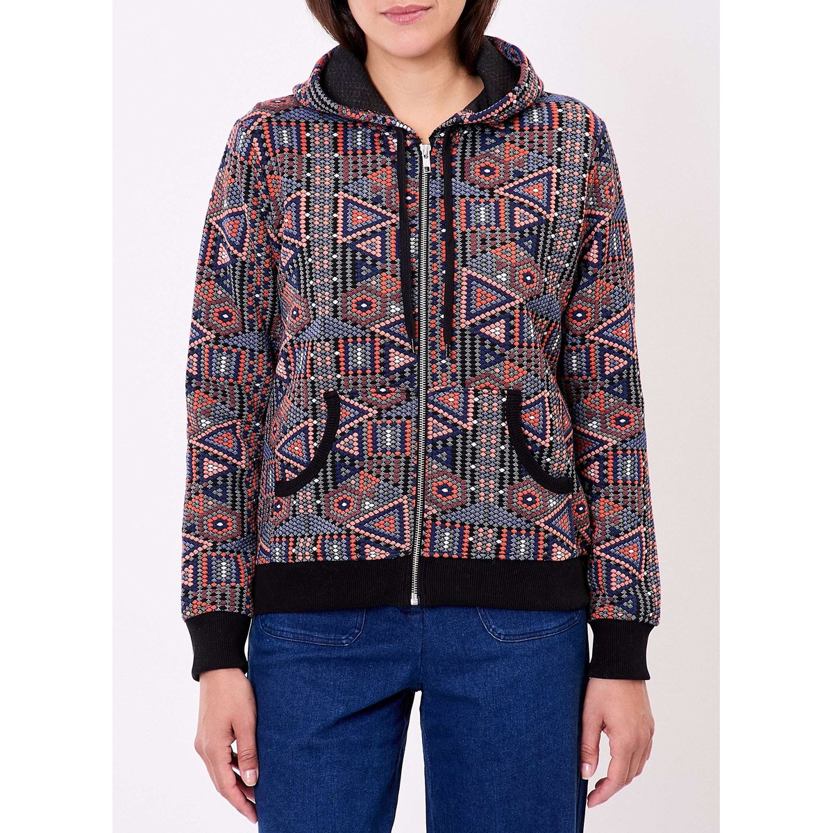 Sweat zippé maille jacquard YUMI bleu orange, LA FIANCÉE