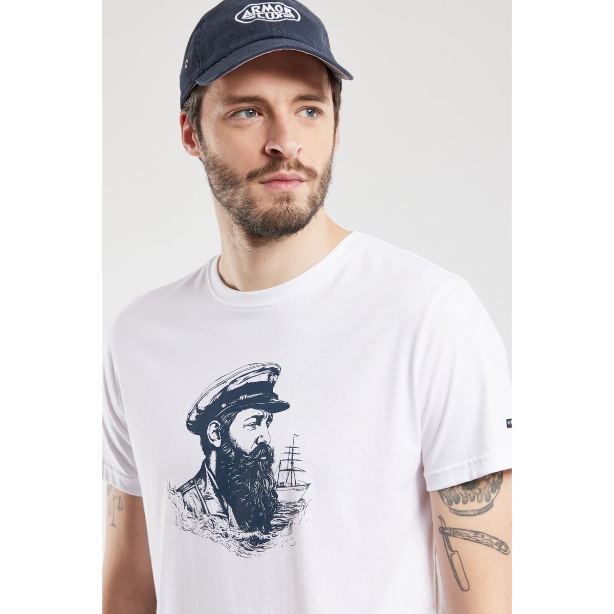 T-shirt sérigraphié en coton léger marin à casquette/blanc, ARMOR-LUX