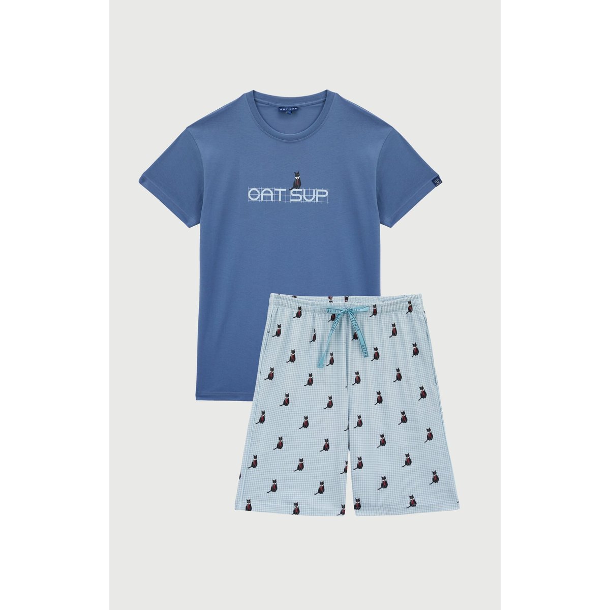 Pyjashort en jersey de coton léger imprimé Cat sup ciel, ARTHUR
