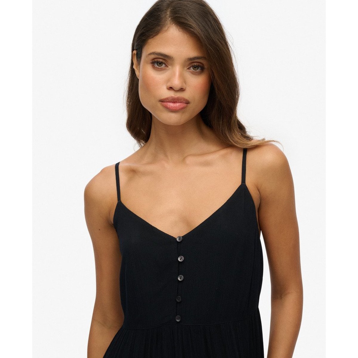 Robe mi-longue semi-boutonnée à volants noir, SUPERDRY