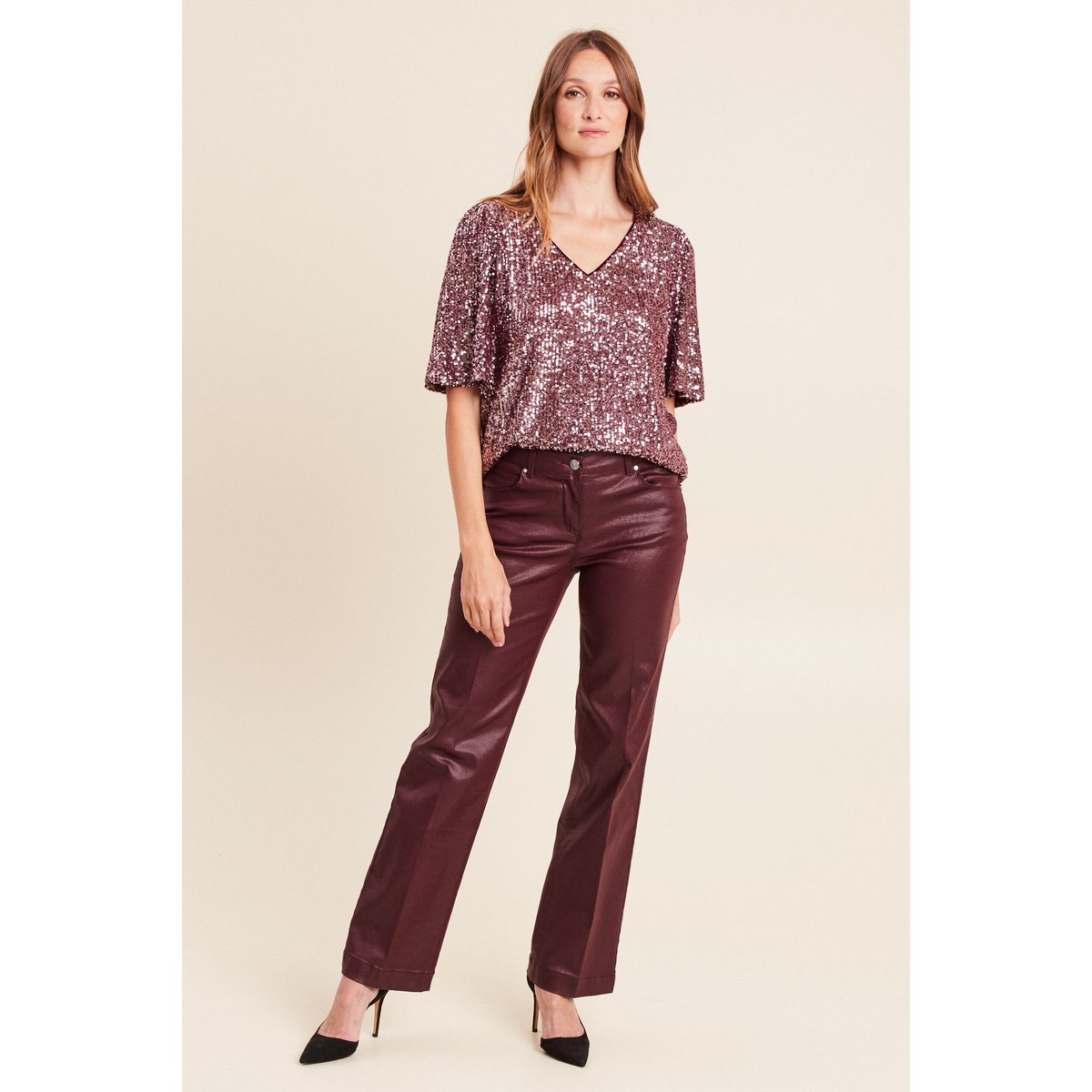 Pantalon enduit coupe large bordeaux, BREAL