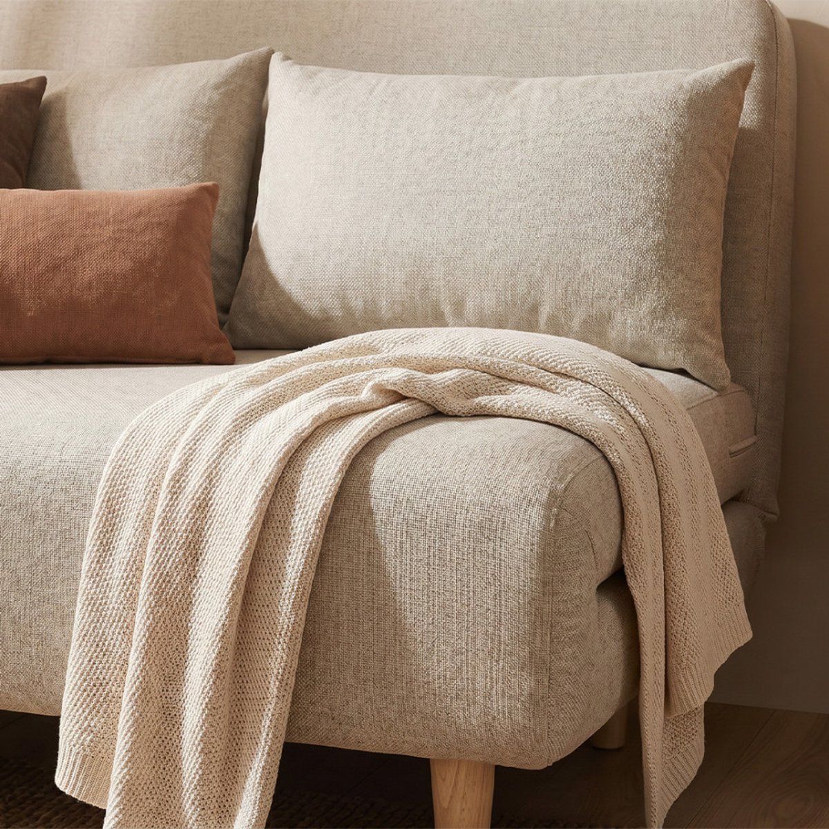 Canapé convertible 2 places en tissu pieds bois clair- NELLA beige, DRAWER