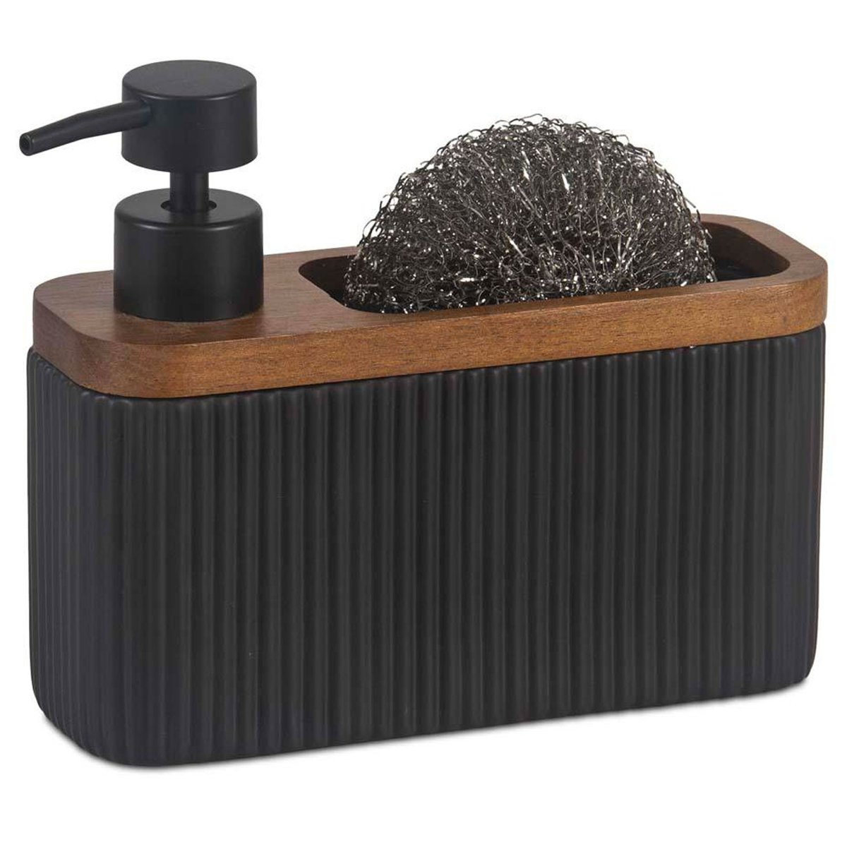 Distributeur liquide vaisselle et porte éponge résine noir et acacia noir, WADIGA
