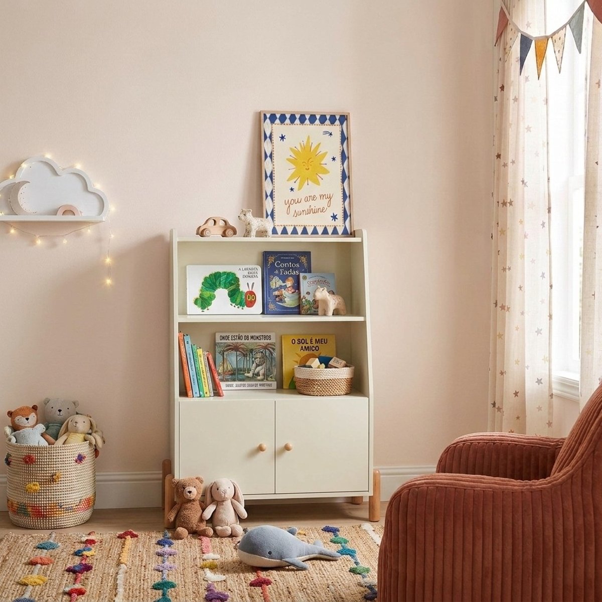 Bibliothèque enfant 2 portes  MONA beige et bois clair, BAÏTA