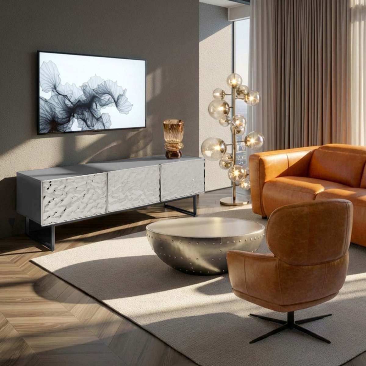 Meuble TV en acier texturé, CARINO argent, KARE DESIGN