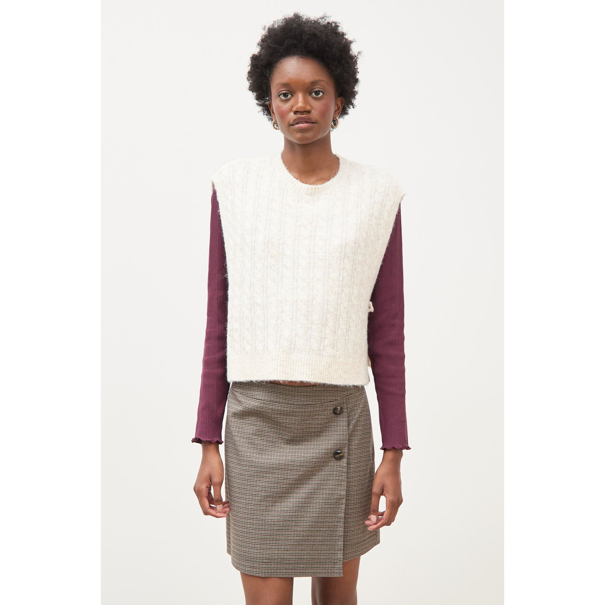 Pull droit cropped sans manches creme, BONOBO