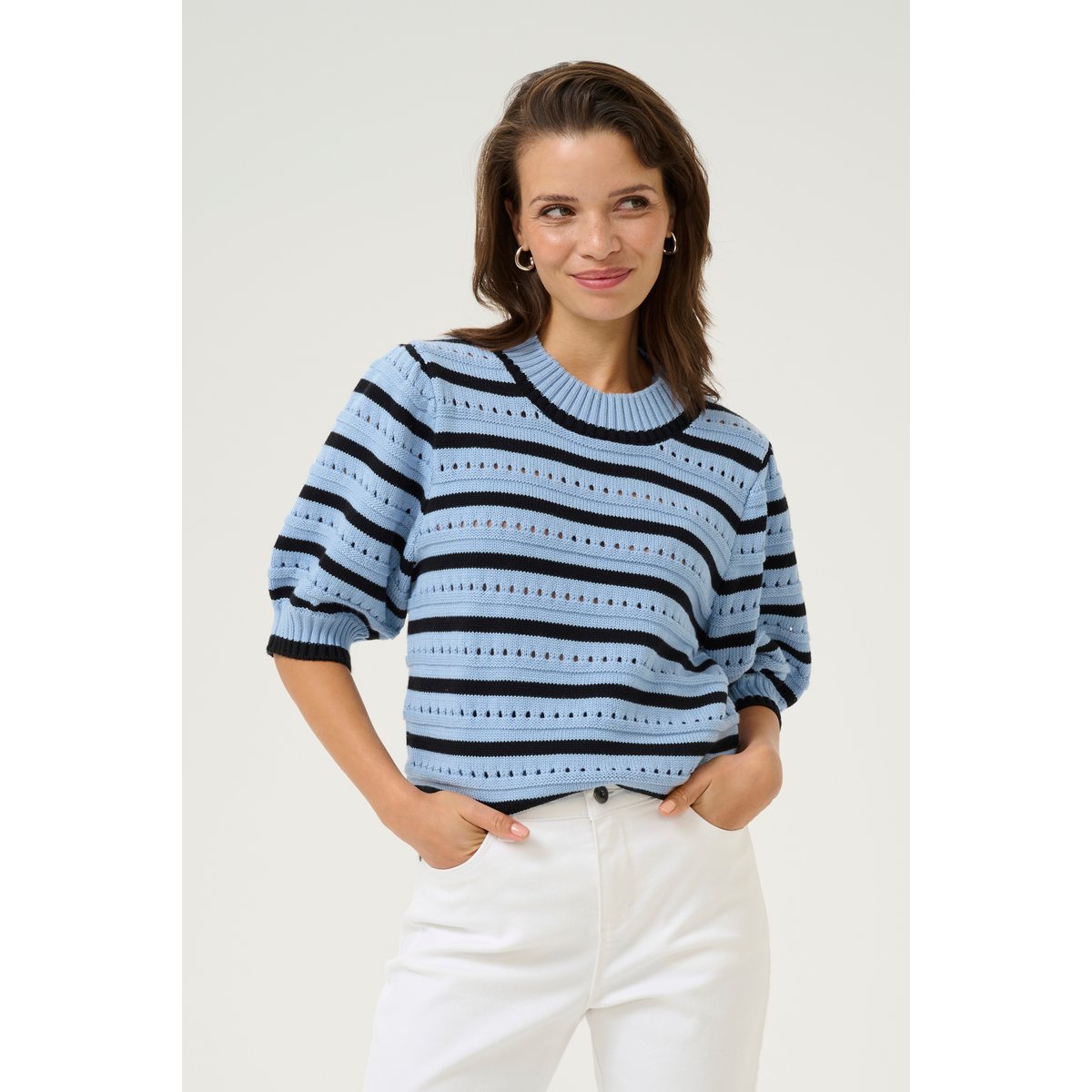 Knitted pullover bleu soft chambray/noir rayé, KAFFE