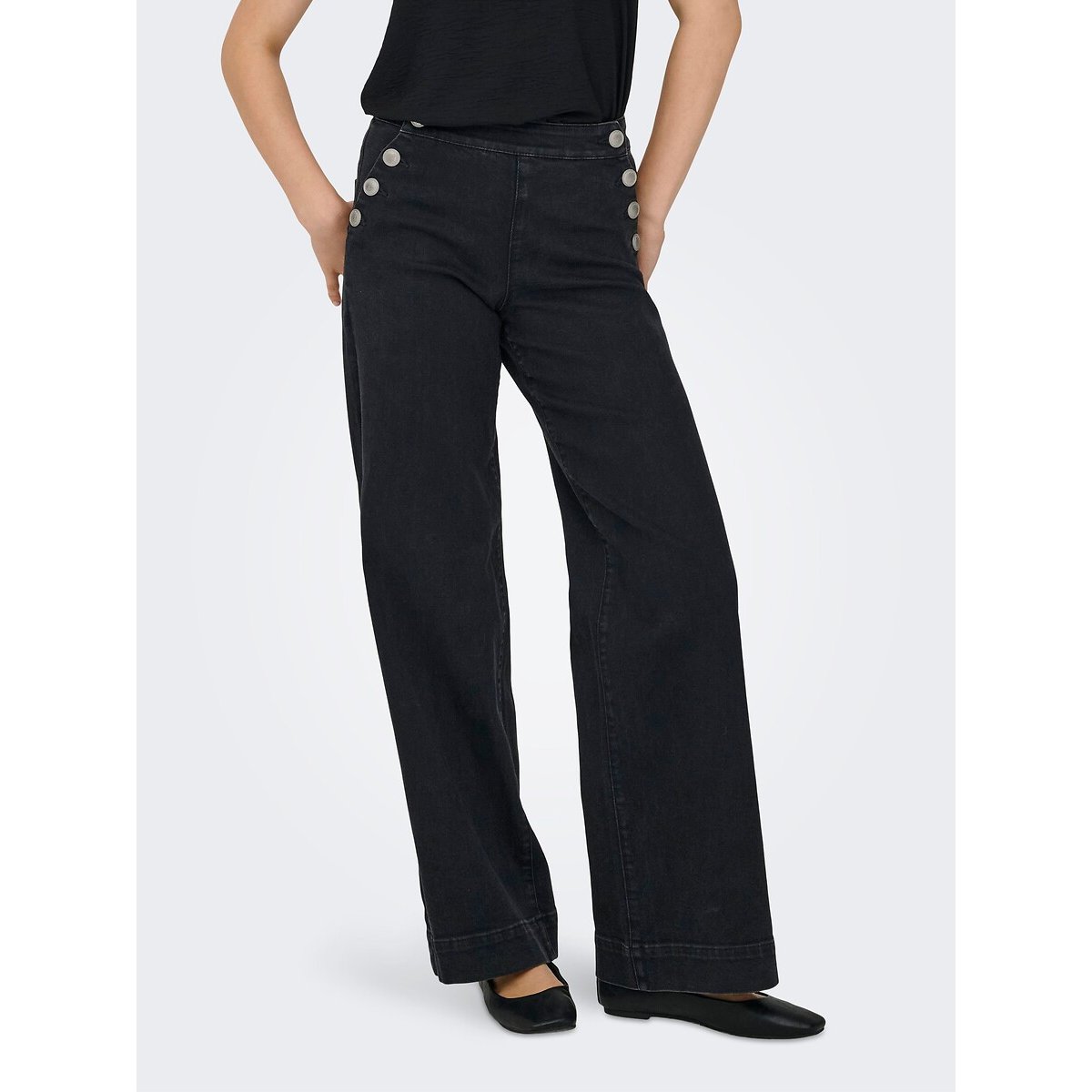 High Waist Wide Leg Jeans with Side Buttons black denim, ONLY