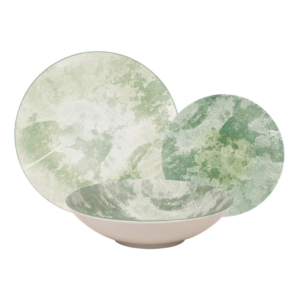 Service 18 pièces vert en porcelaine - "Aube de Menthe" couleur unique, LAGUIOLE CUISSON
