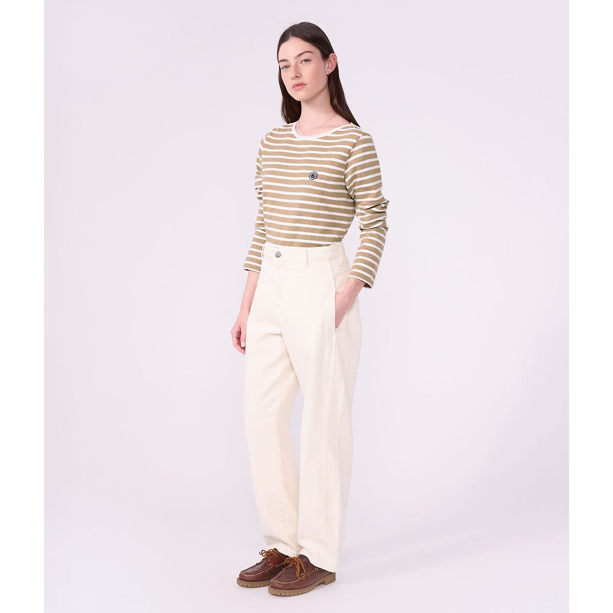 Camiseta a rayas, manga larga beige/blanco, PETIT BATEAU