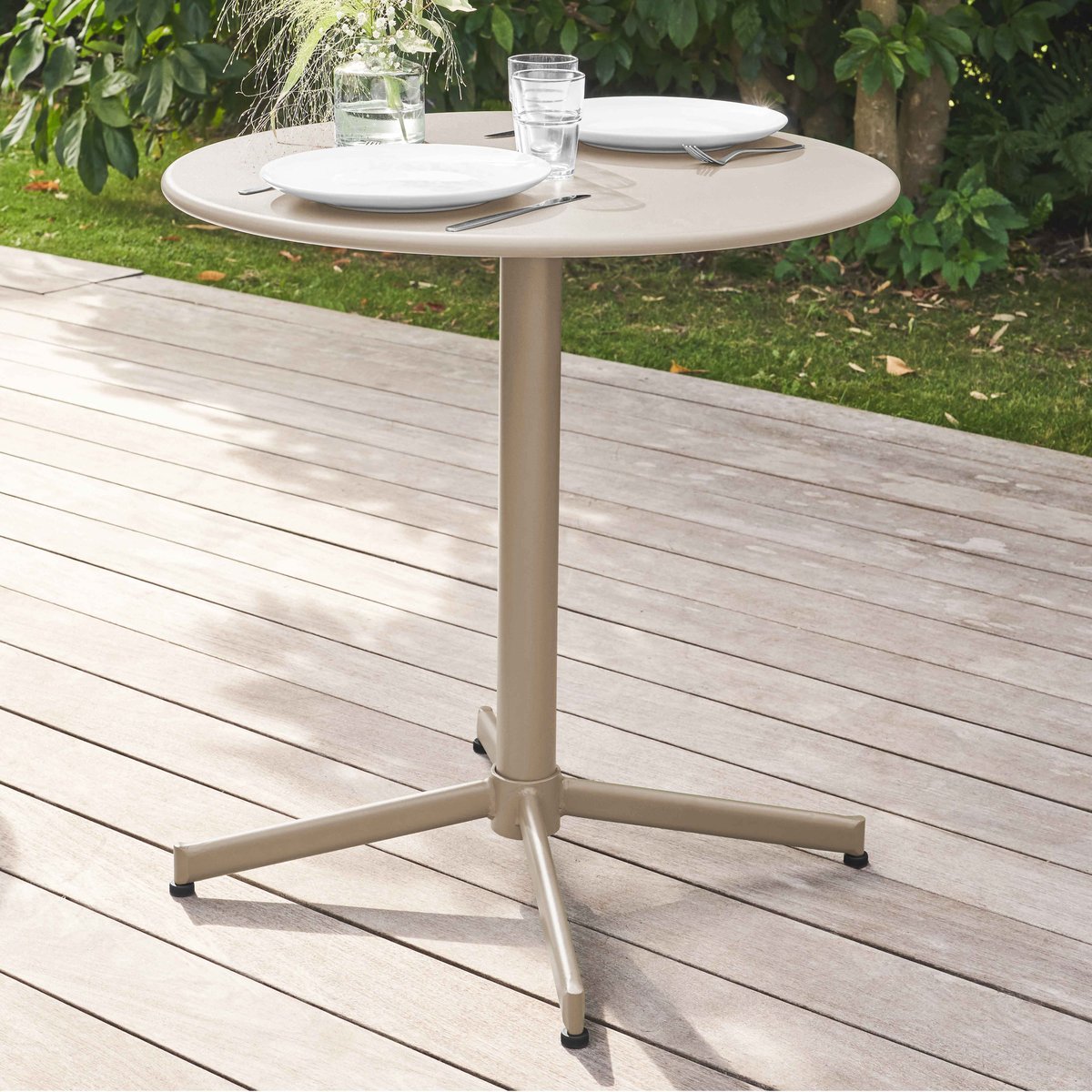 Salon de jardin table ronde et 4 chaises en métal, PALAVAS taupe, OVIALA