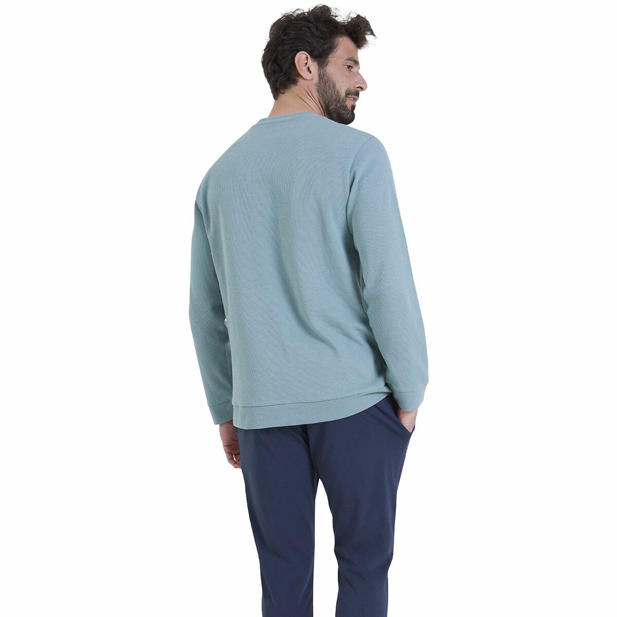 Embossed Cotton Pyjama Top with Embroidered Badge grey blue+navy blue, ATHENA