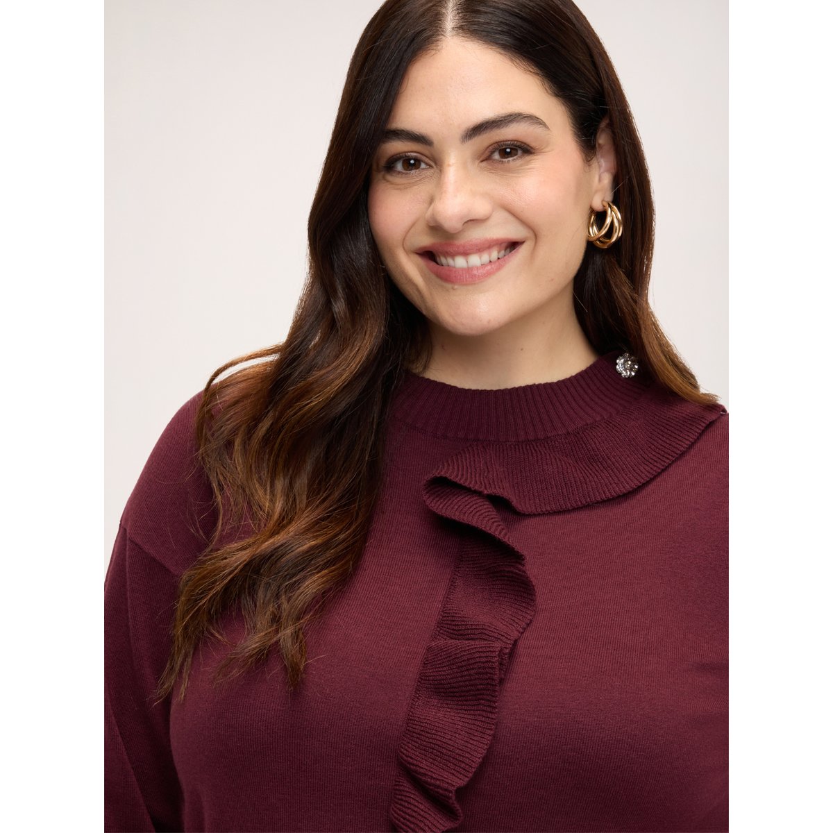 Pull col rond avec volant burgundy, FIORELLA RUBINO