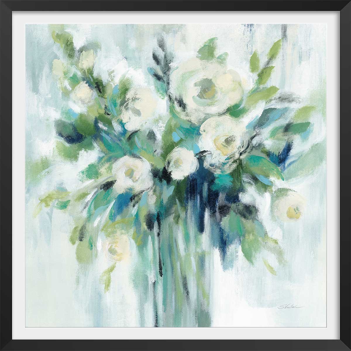 Affiche Aquarelle bouquet vert affiche + cadre en bois - noir, HEXOA