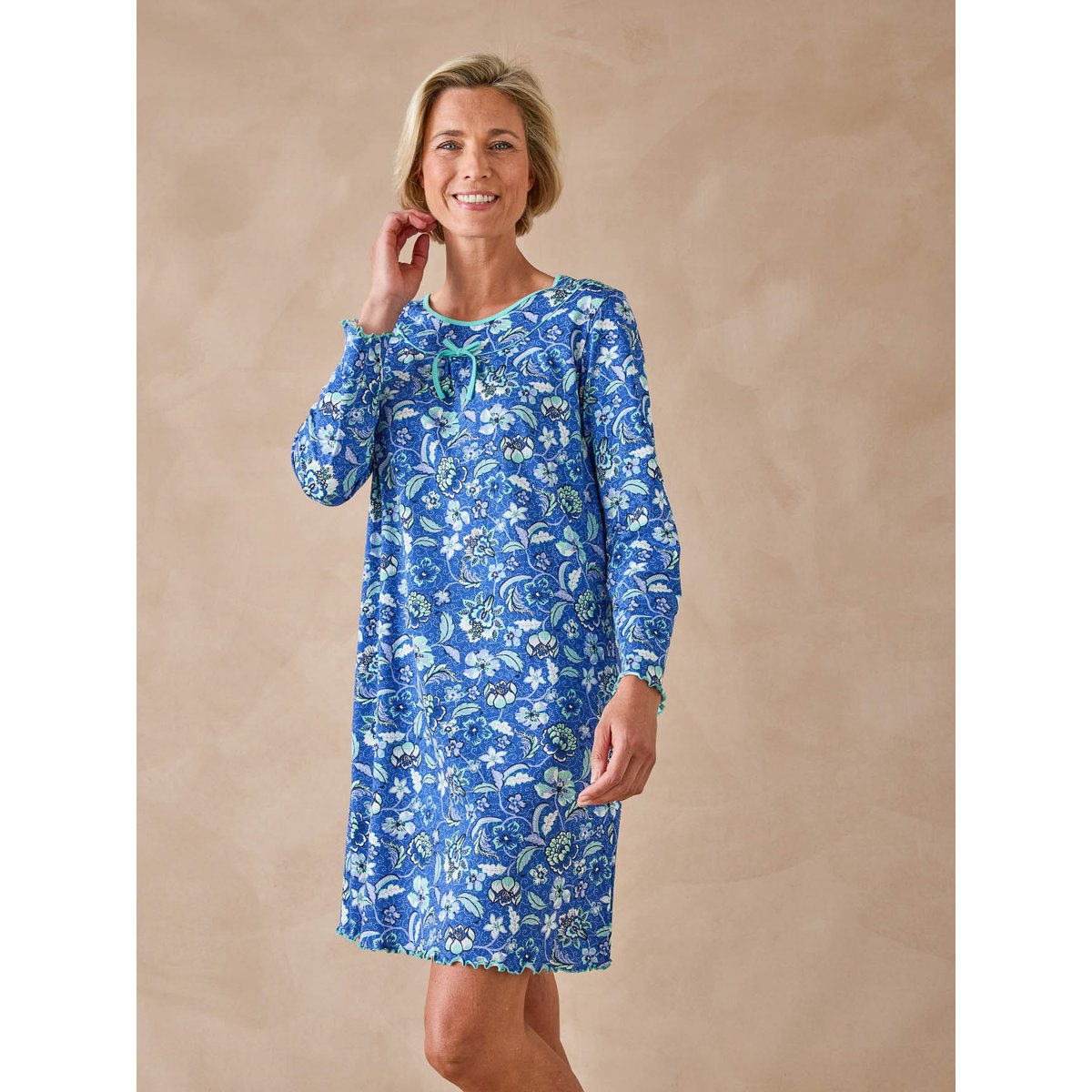 Chemise de nuit maille pur coton imprimé bleu, DAXON
