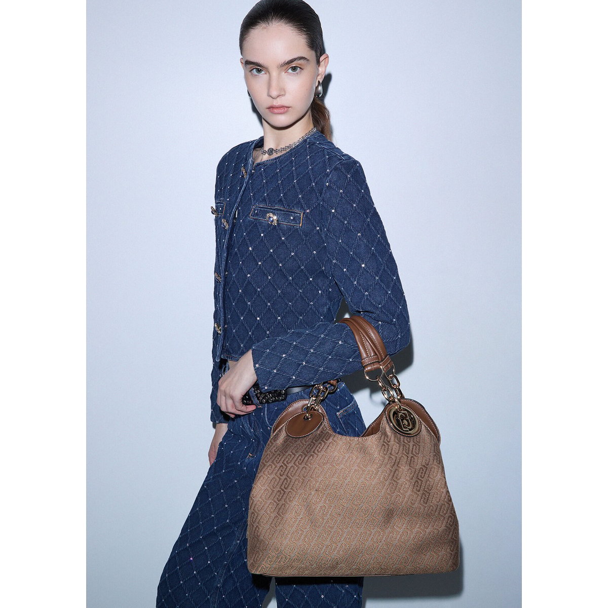Sacoche moyenne en jacquard beige, LIU JO
