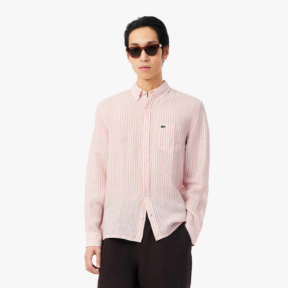 Chemise regular fit en lin rayée rose-tim, LACOSTE