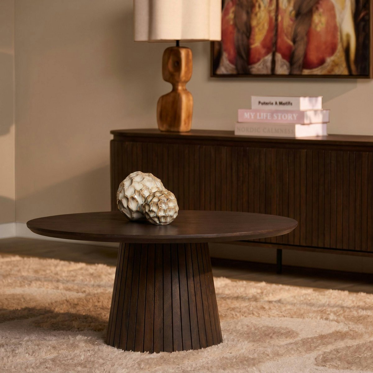 Table basse ronde bois marron à pied rainuré Ø80 cm CALERO marron, PIER IMPORT