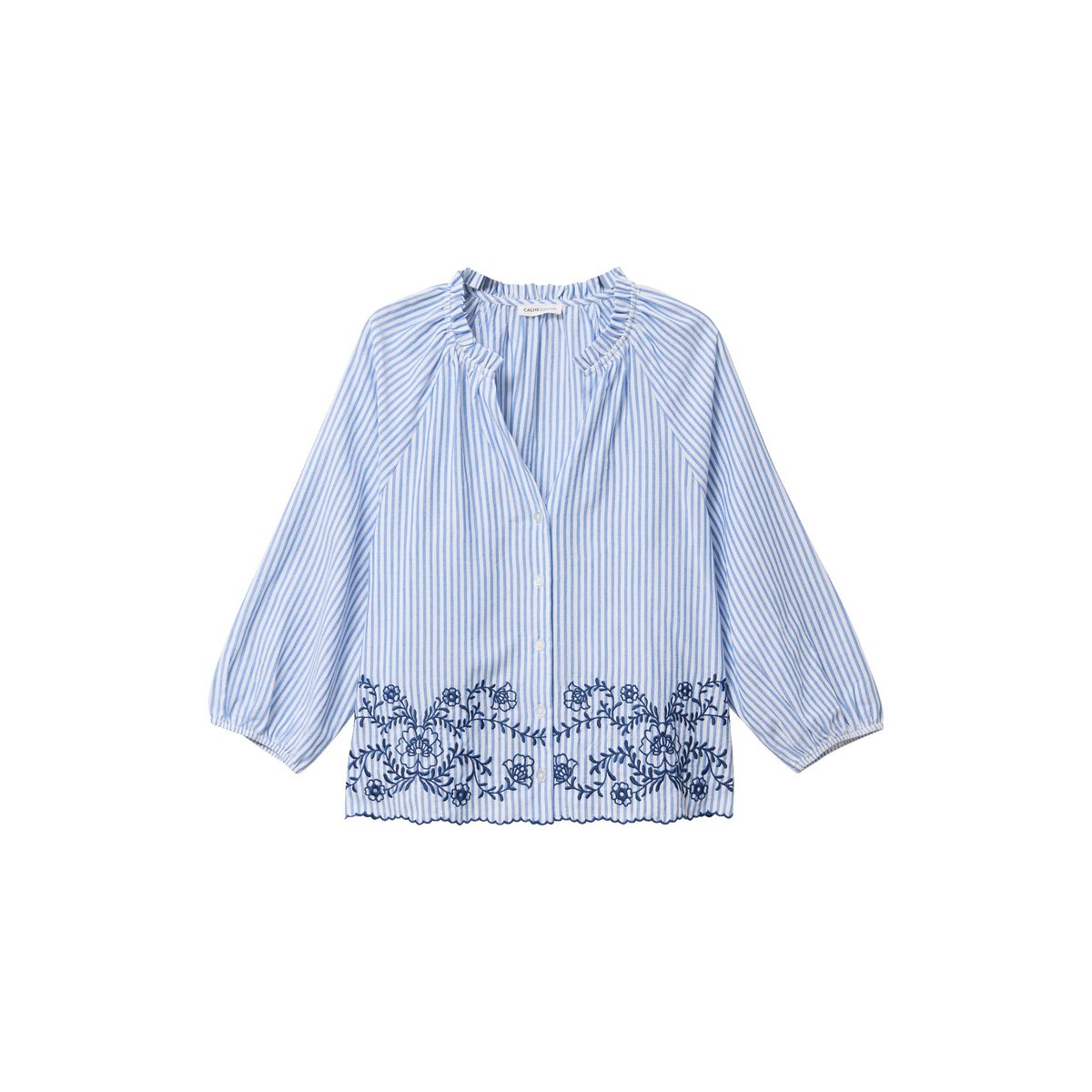 Blouse col v manches 3/4 brodée bleu marine, CACHE CACHE