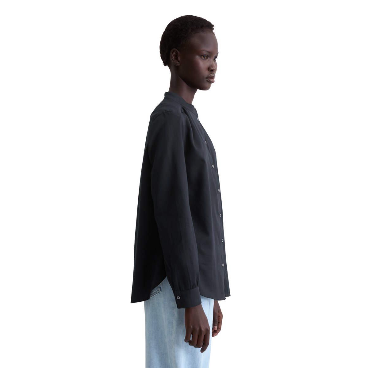 Blouse à col montant relaxed en satin de coton doux bleu fooncé, MARC O'POLO