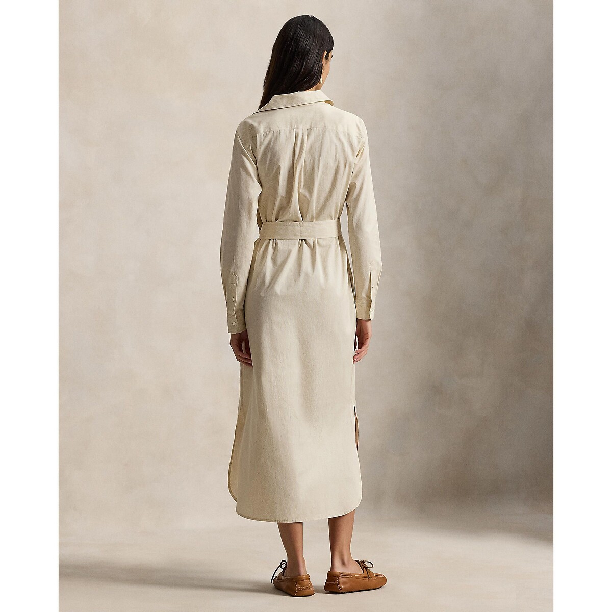 Abito chemisier a righe, maniche lunghe con cintura righe beige / bianco, POLO RALPH LAUREN
