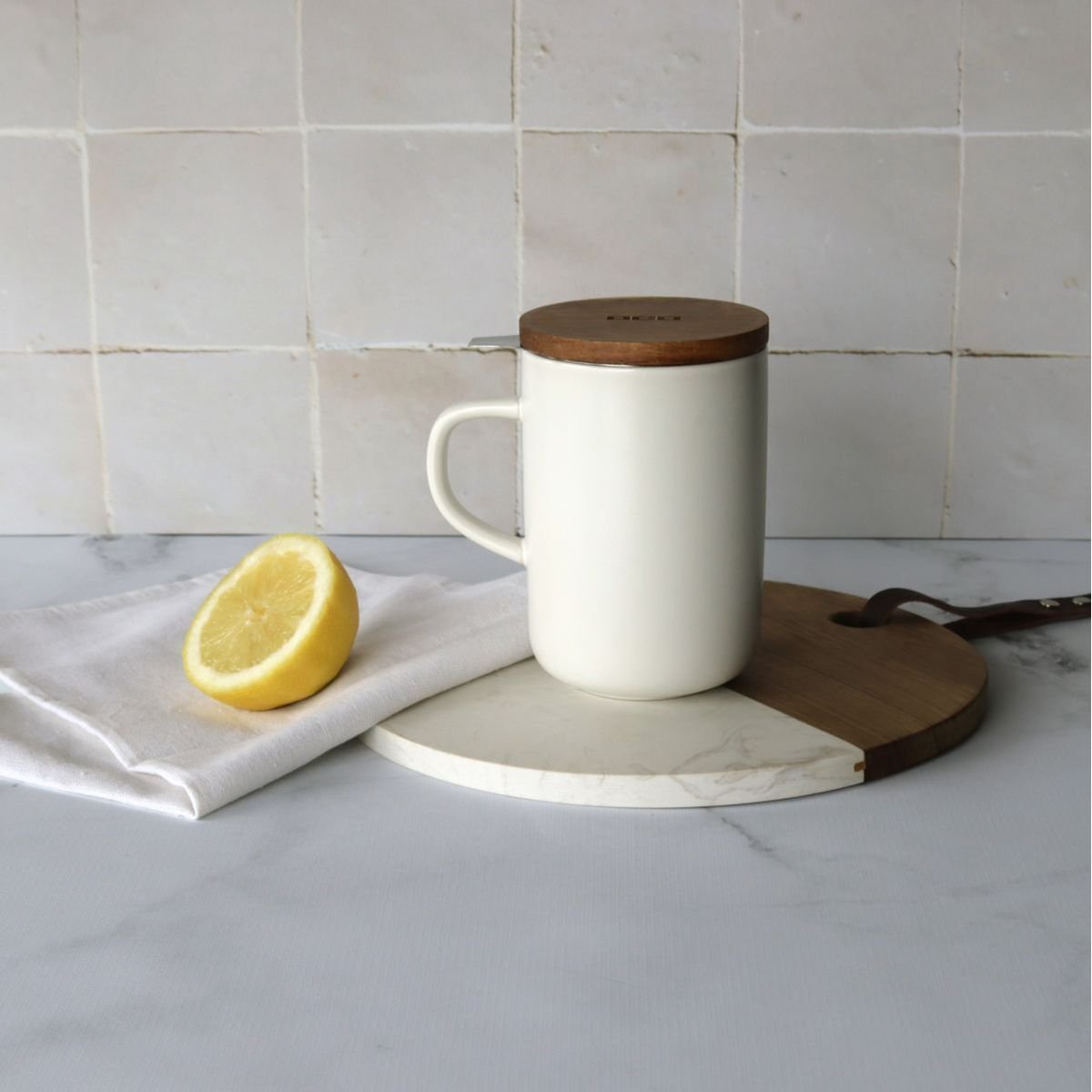 Tisanière en grès avec couvercle en bois d'acacia 475ml, JULIET blanc, OGO LIVING